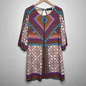 Tinley Womens Shift Mini Dress Medium Multicolor Tribal Boho 3/4 Sleeve Brunch‎